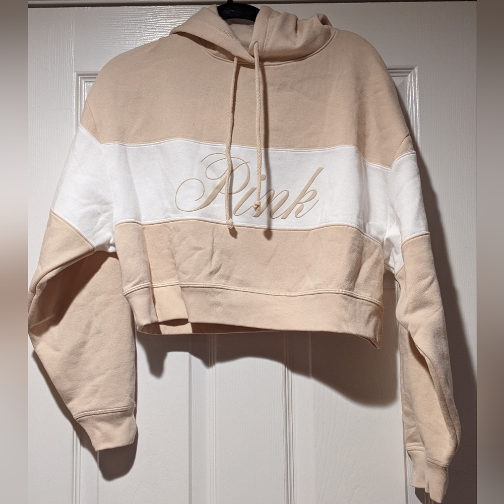 NWOT Women's M PINK Victoria's Secret Cream Cropped Hoodie